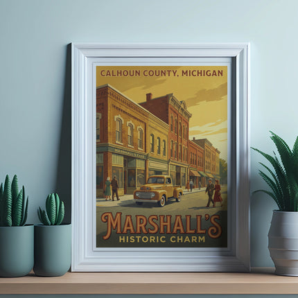 Calhoun County, Michigan poster featuring Marshall's Historic Charm and a vintage truck.