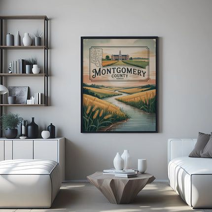 Montgomery County, Indiana landscape poster framed above a sofa.