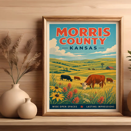 Vintage poster of Morris County, Kansas, with cows in a field and text "WIDE OPEN SPACES LASTING IMPRESSIONS".