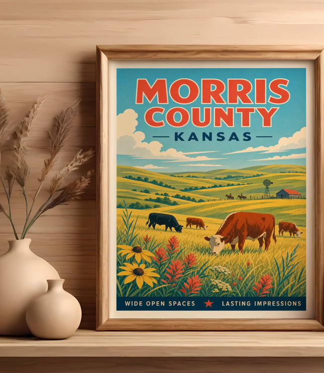 Vintage poster of Morris County, Kansas, with cows in a field and text "WIDE OPEN SPACES LASTING IMPRESSIONS".