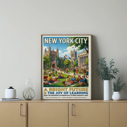 New York City poster with Columbia University quad, "A Bright Future & The Joy of Learning".
