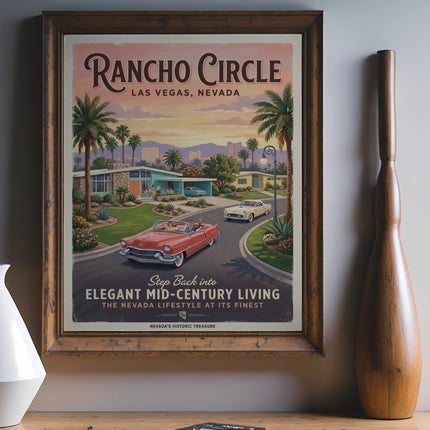 Rancho Circle poster featuring mid-century homes, cars, Las Vegas skyline.