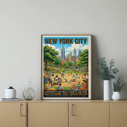 New York City vintage poster: softball game in park, 1940s, community fun.