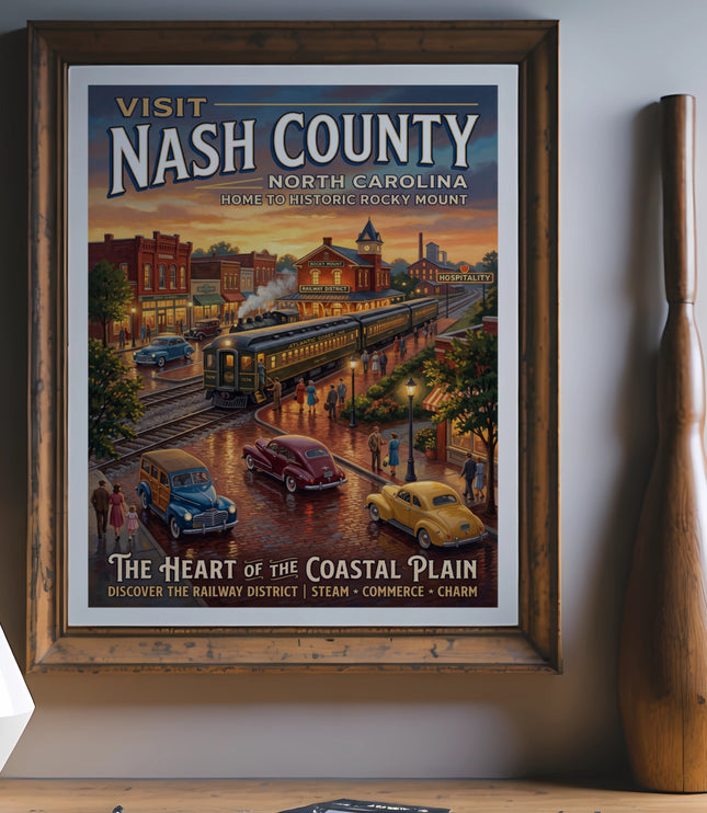 Vintage poster of Rocky Mount, NC, with train, cars and shops.