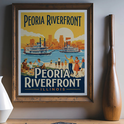 Peoria Riverfront Illinois vintage travel poster with steamboats and cityscape.