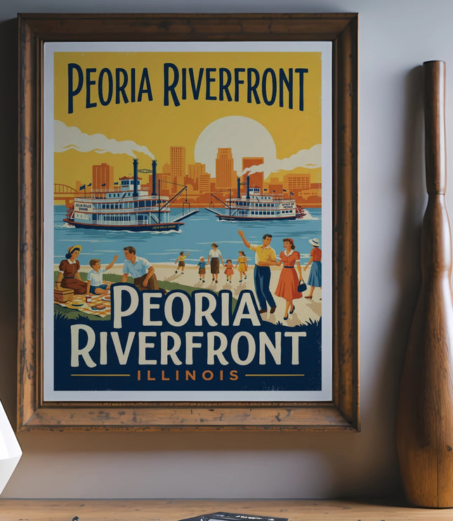 Peoria Riverfront Illinois vintage travel poster with steamboats and cityscape.