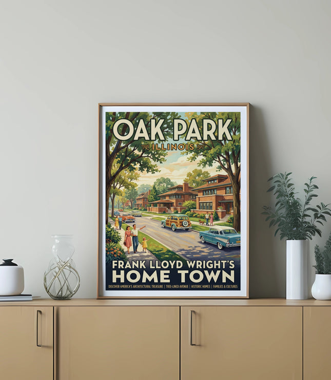 Poster of Oak Park, Illinois, Frank Lloyd Wright's hometown, with vintage cars and homes.