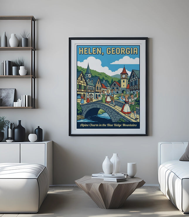 Framed "HELEN, GEORGIA Alpine Charm in the Blue Ridge Mountains" print above a sofa.