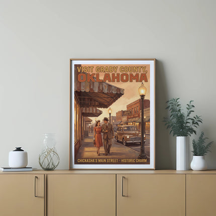 Vintage poster of a couple walking on Chickasha's Main Street, Grady County, Oklahoma.