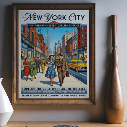 New York City poster depicting Chelsea Gallery District with people and taxis.
