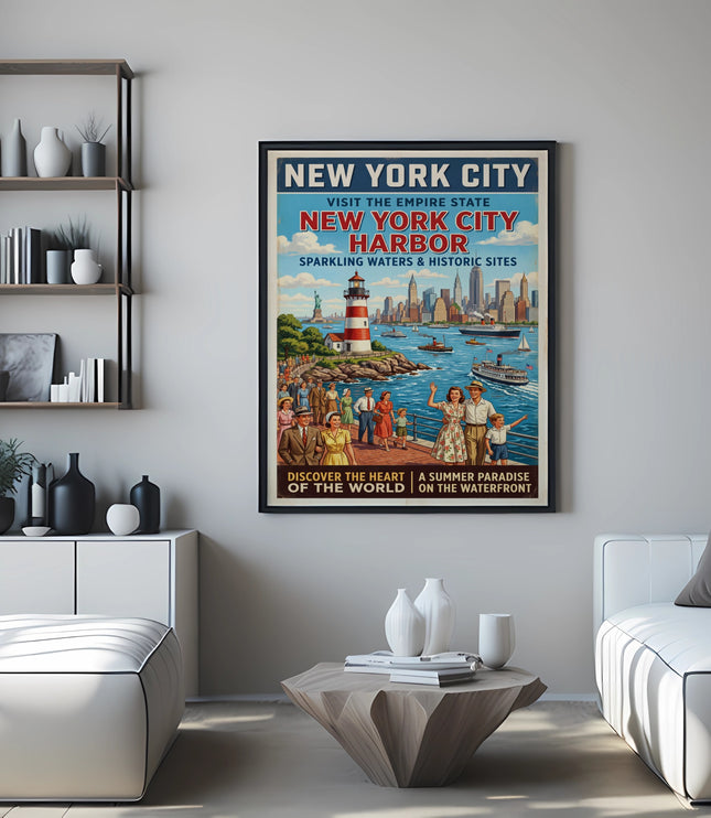Vintage New York City Harbor poster with lighthouse, Statue of Liberty, and cityscape.