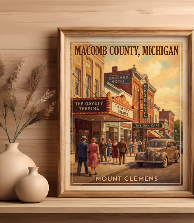 Vintage poster of Macomb County, Michigan, showcasing Mount Clemens businesses and people.