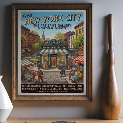Vintage New York City travel poster for Greenwich Village, 1940s.