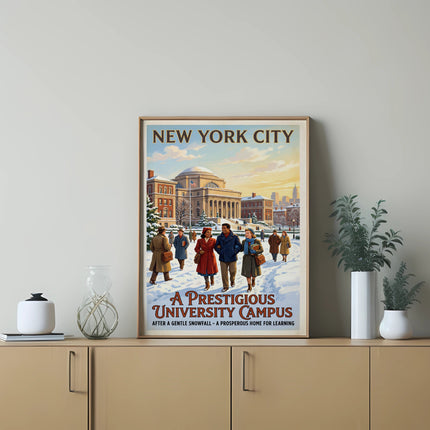New York City university campus poster after snowfall, with people walking.