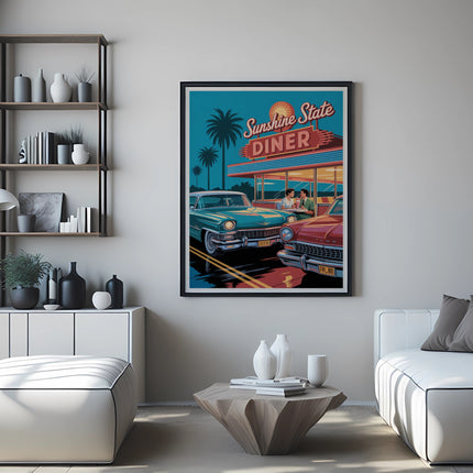 Retro diner scene with classic cars and palm trees, "Sunshine State Diner" text.