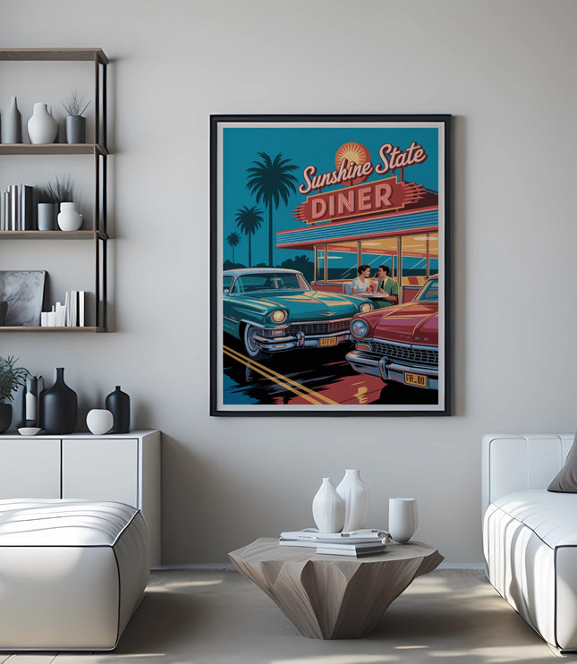 Retro diner scene with classic cars and palm trees, "Sunshine State Diner" text.