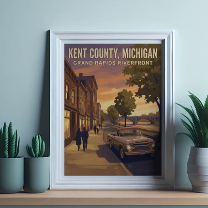 Poster of Kent County, Michigan Grand Rapids Riverfront with vintage truck and buildings.