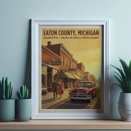 Poster of Eaton County, Michigan with vintage couple, car, and buildings.