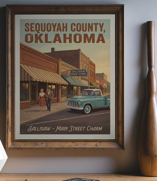 Sequoyah County, Oklahoma poster with Sallisaw Drug Store and a classic truck.