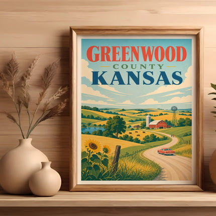 Greenwood County, Kansas poster with farmland, barn, sunflowers, and a winding road.