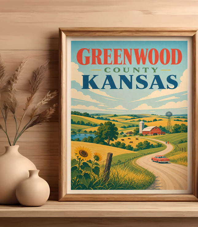 Greenwood County, Kansas poster with farmland, barn, sunflowers, and a winding road.