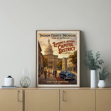 Ingham County Michigan Lansing's Historic Capitol District vintage travel poster.