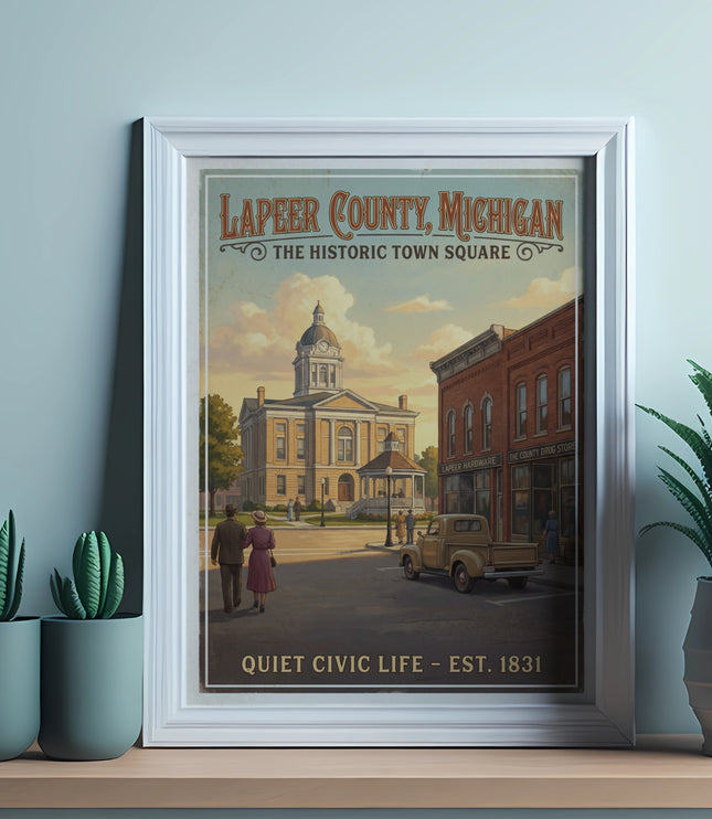 Lapeer County, Michigan historic town square with buildings and people.