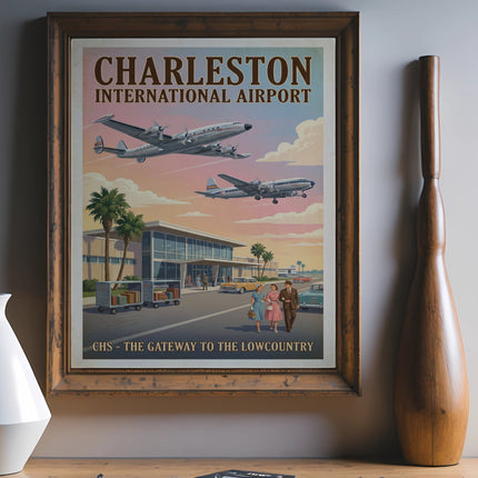 Charleston International Airport poster with planes and people, reading "CHS - The Gateway to the Lowcountry".