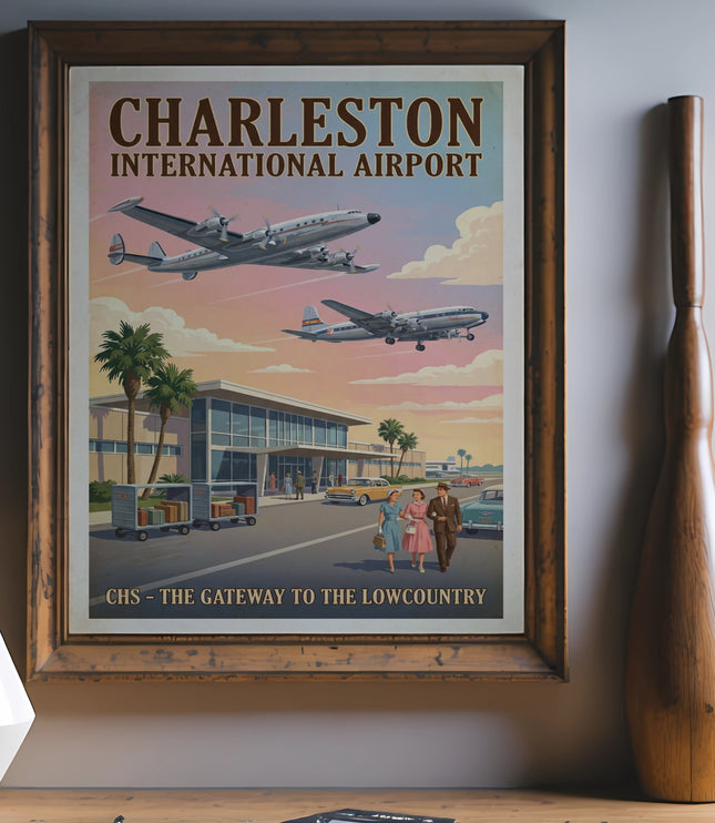 Charleston International Airport poster with planes and people, reading "CHS - The Gateway to the Lowcountry".