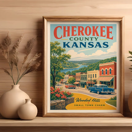 Framed vintage poster of Cherokee County, Kansas, with a small town scene.