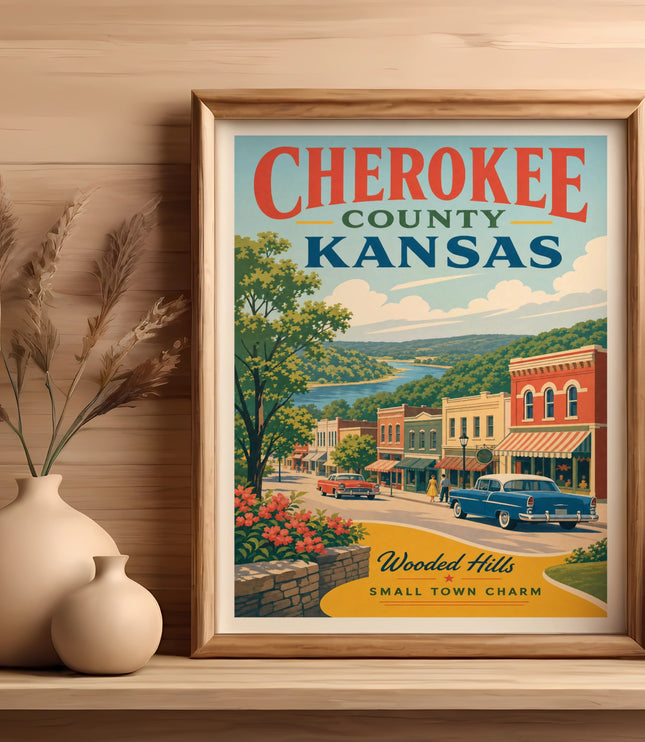 Framed vintage poster of Cherokee County, Kansas, with a small town scene.