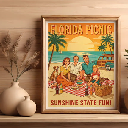 Vintage Florida picnic scene with a family, dog, and classic car.