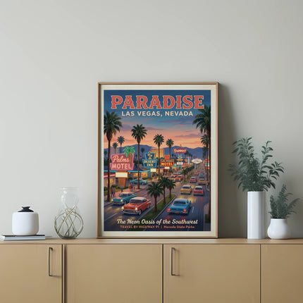 Retro style poster of Las Vegas with neon signs, palm trees, and cars.
