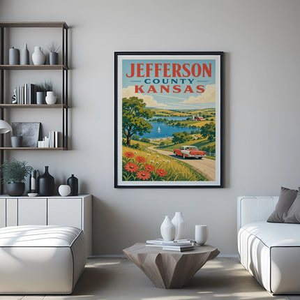 Vintage Jefferson County Kansas travel poster with car and lake scene.