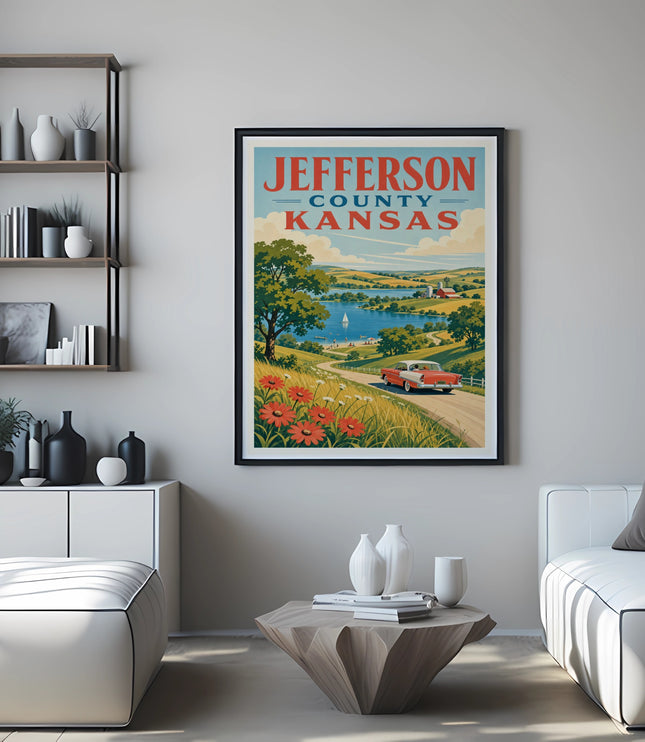 Vintage Jefferson County Kansas travel poster with car and lake scene.