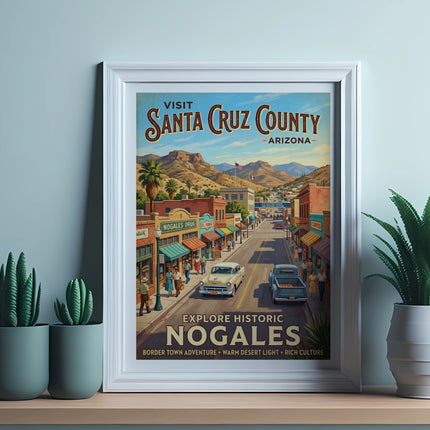 Vintage travel poster for Santa Cruz County, Arizona, featuring a street scene in Nogales.