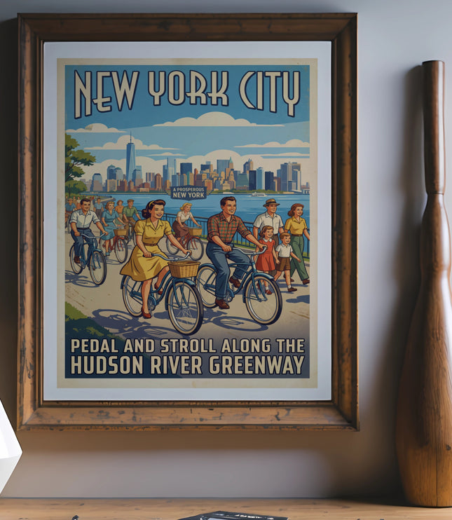 New York City cycling poster featuring the skyline and text "Pedal and Stroll Along the Hudson River Greenway".