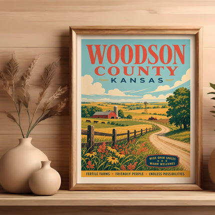 Woodson County, Kansas vintage travel poster with farms and fields.