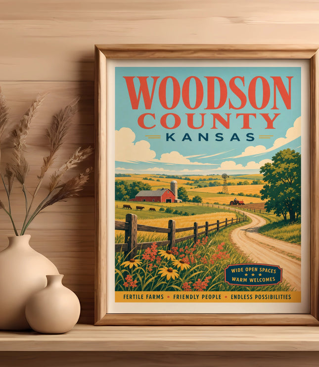 Woodson County, Kansas vintage travel poster with farms and fields.