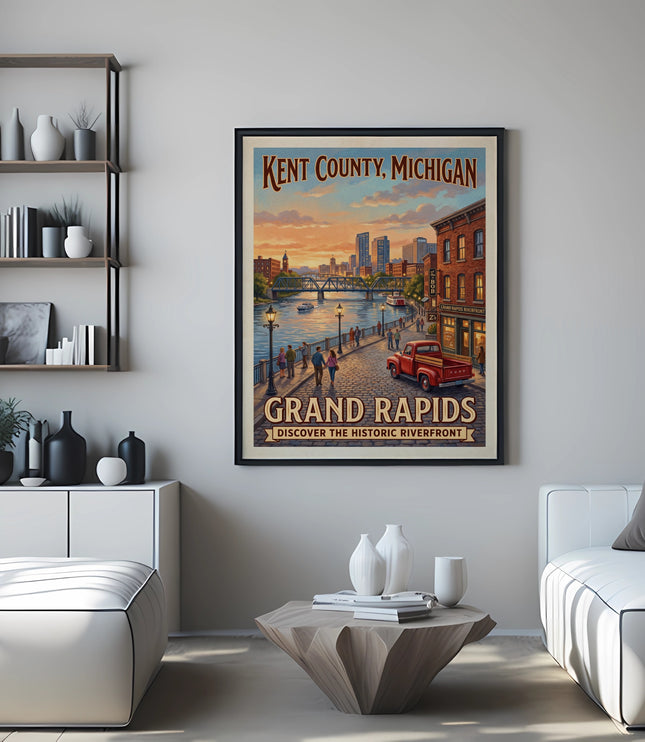 Vintage poster of Grand Rapids, Kent County, Michigan, showing the riverfront at sunset.