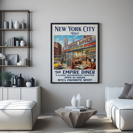 New York City Empire Diner poster with classic diner scene and text.