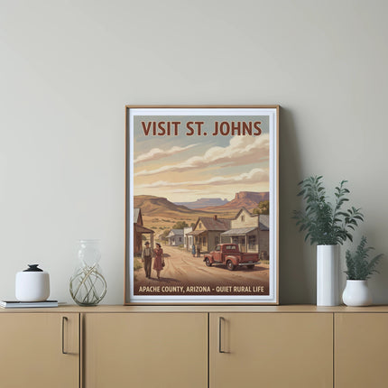 Visit St. Johns, Apache County, Arizona - Quiet Rural Life poster with vintage couple and truck.