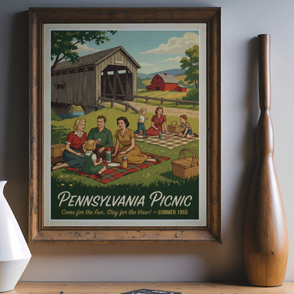 Retro "Pennsylvania Picnic" poster depicts a family at a 1955 summer gathering.