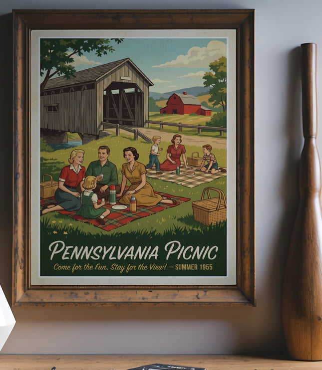 Retro "Pennsylvania Picnic" poster depicts a family at a 1955 summer gathering.