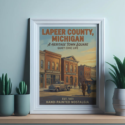 Framed "Lapeer County, Michigan" poster with vintage town square scene.