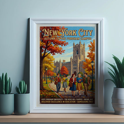 New York City autumn Fordham campus poster with Keating Hall and people walking.