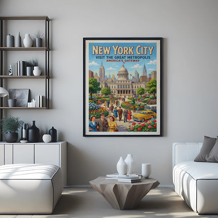 New York City vintage travel poster with Statue of Liberty and cityscape.