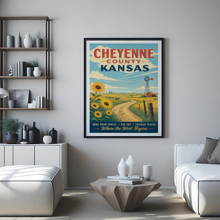 Cheyenne County, Kansas poster with sunflowers and windmill.