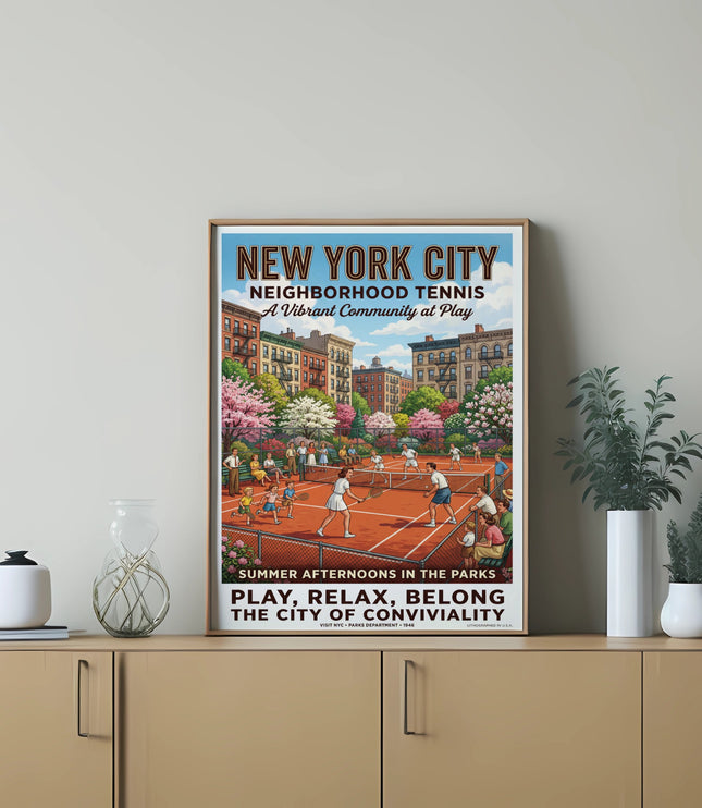 New York City Neighborhood Tennis vintage poster showing park tennis courts and people.