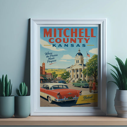 Mitchell County, Kansas, courthouse and vintage cars in a framed poster.